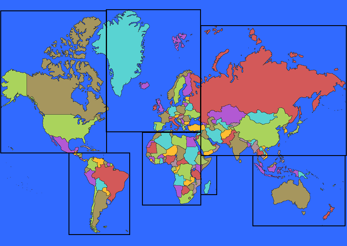 Bilde av verdenskartet med verdensdelene markert