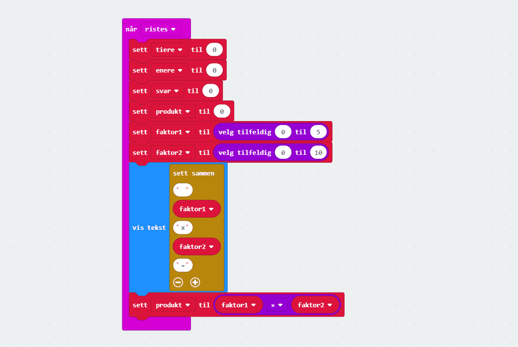 Bilete av koden for å lagre produktet av faktor1 og faktor2