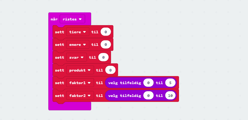 Bilete av koden for å setje faktor1 og faktor2 tilfeldig
