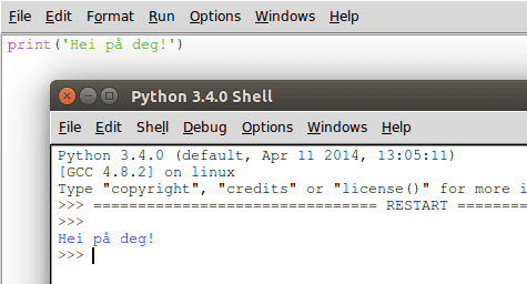 Bilde av at Python skriver ut "hei på deg"