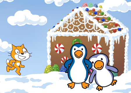 Bilde av Felix, ett pepperkake hus og to pingviner